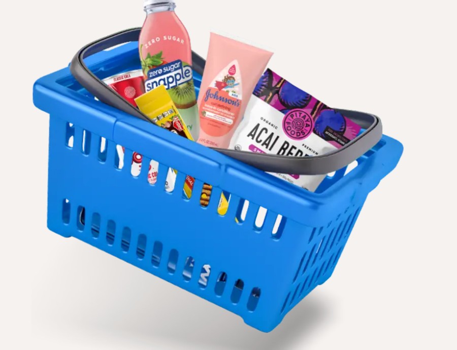 Blue shopping basket full of groceries